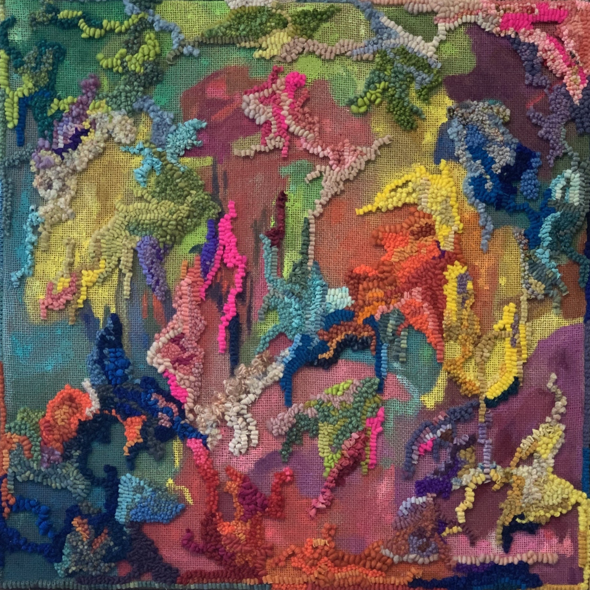 kmcintosh, course correct,2023,24x24,acrylicpaint hand hooked wool and silk on linen, framed, $2835+hst