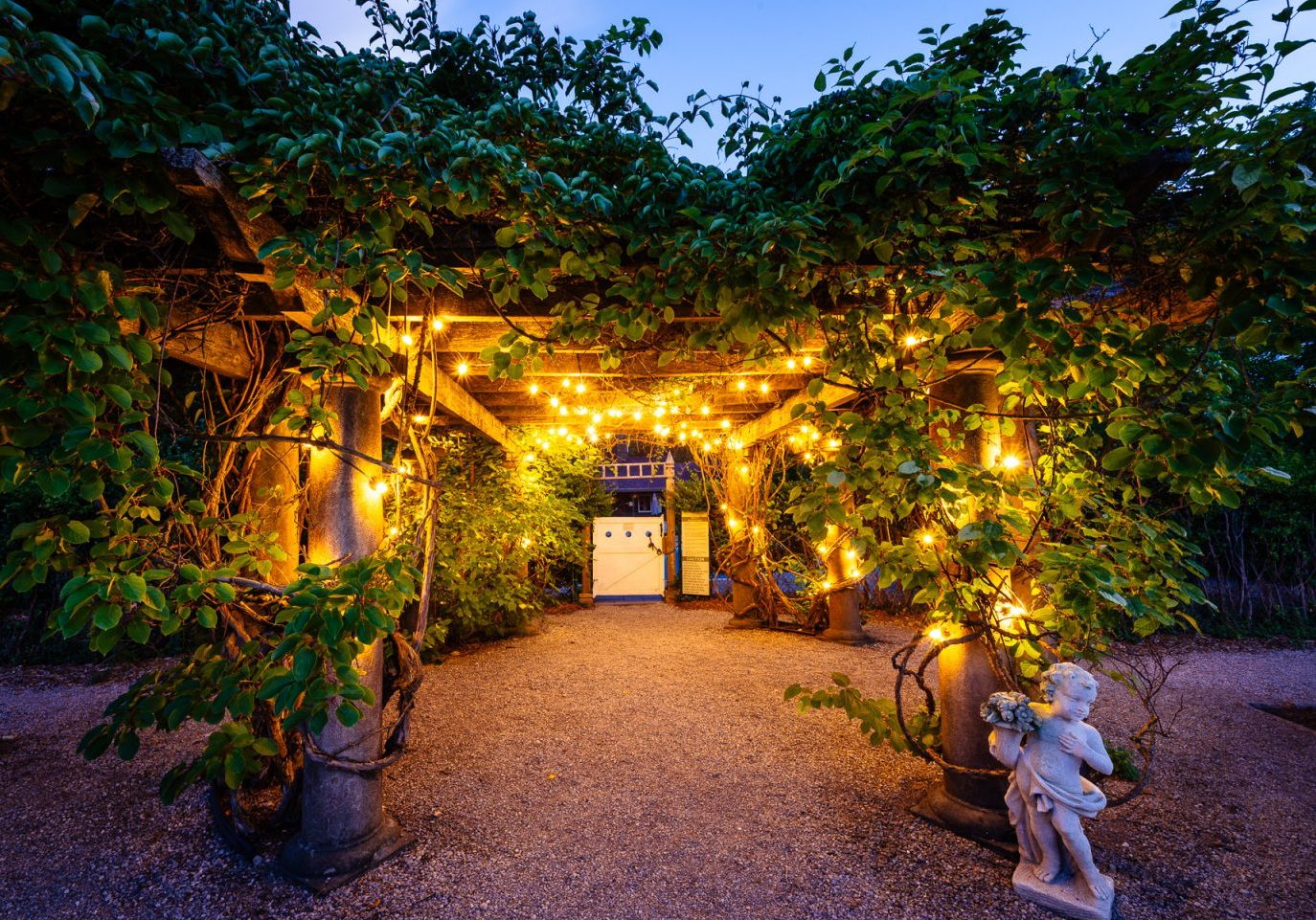 Garden Gate Illuminated By Lights At Night